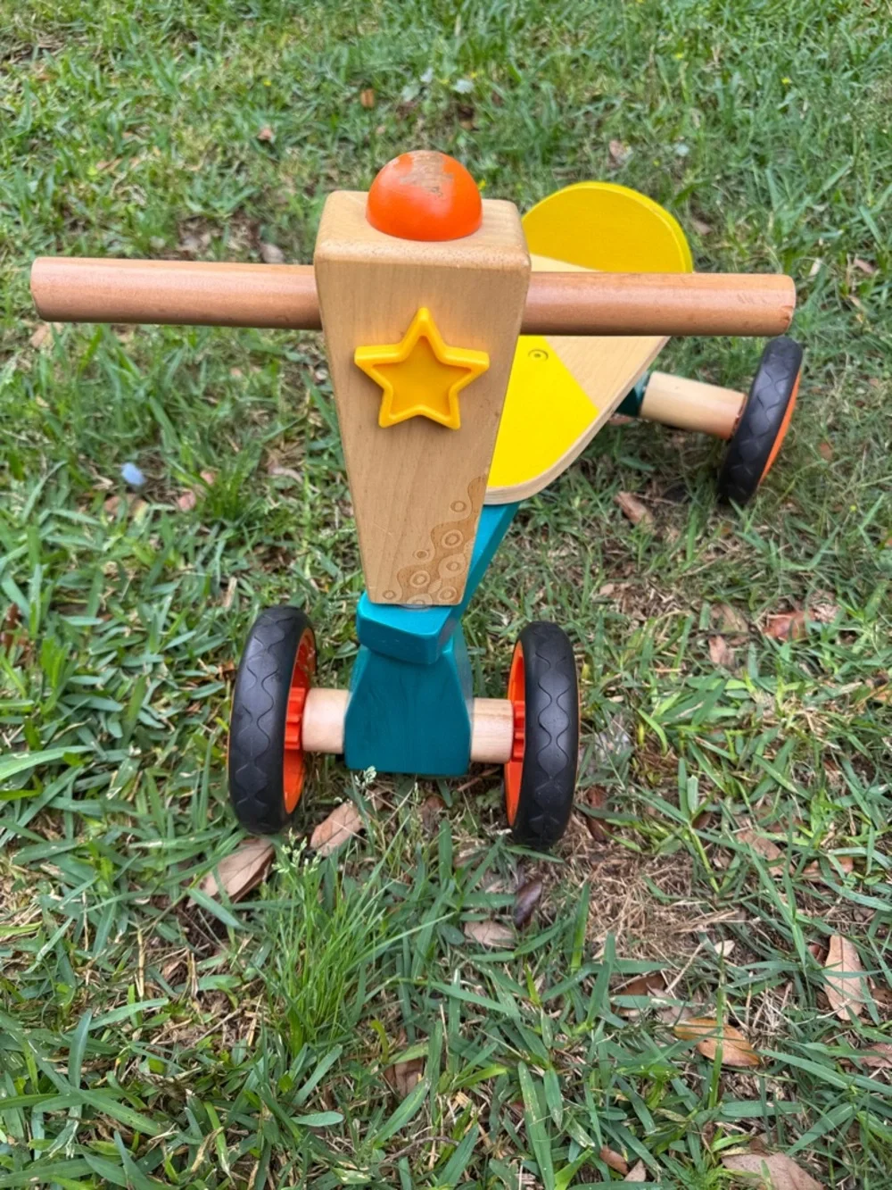 B. toys Smooth Rider Wooden Toddler Bike 18m+ Teal Yellow Orange 90lb Max